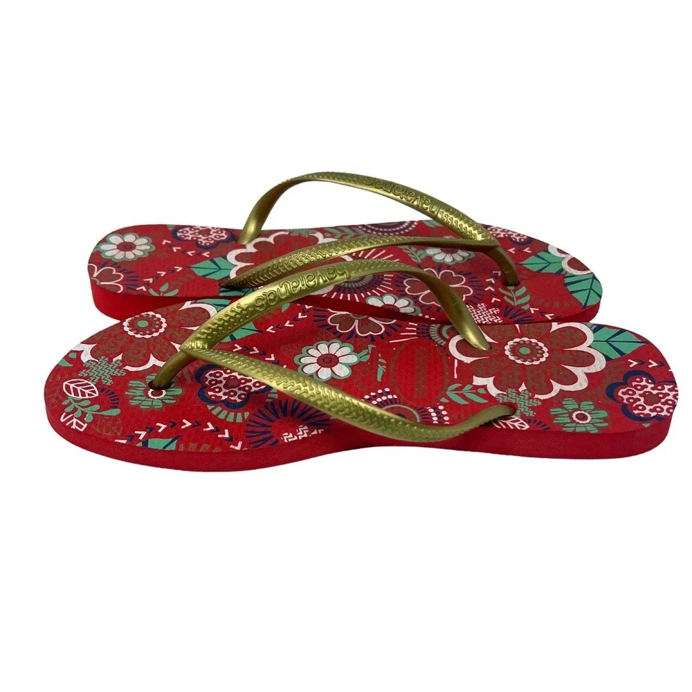 Havaianas Slim Flip Flops Women's US 6 EU 39/40 Red Floral‎ Gold Straps